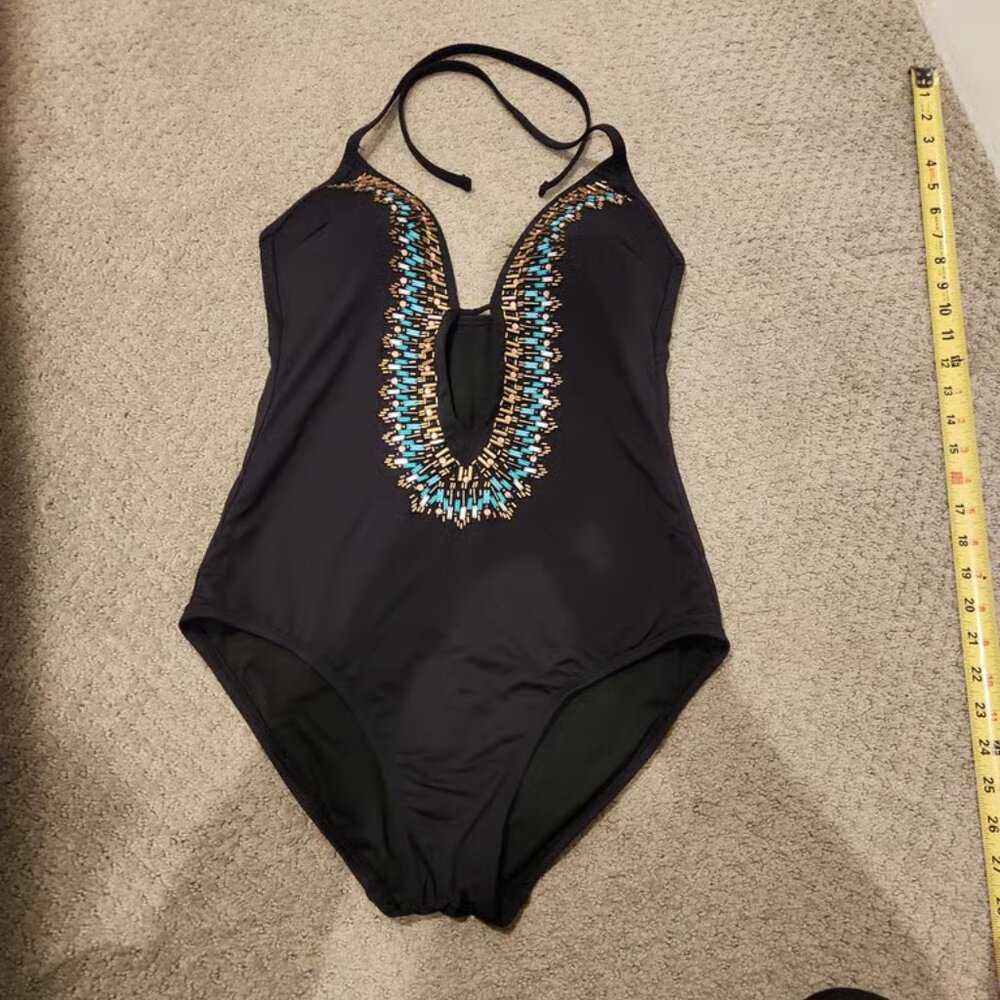NEW Kenneth Cole NY Large Deep Plunge Beaded One Piece Swimsuit Halter Neck